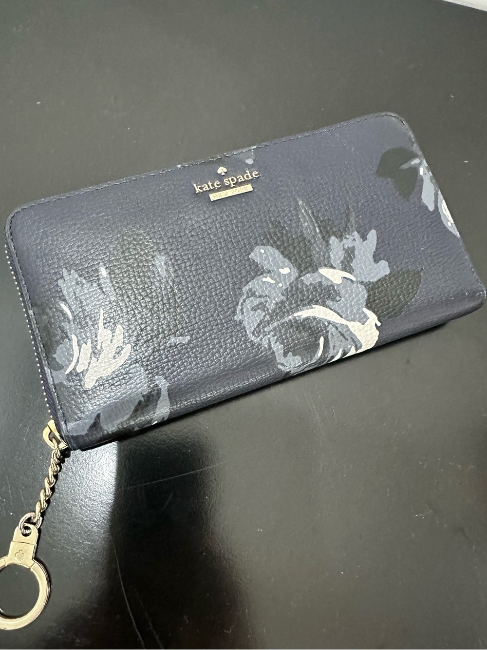 kate spade Navy Floral Zip Wallet with Gold Accent Key Ring